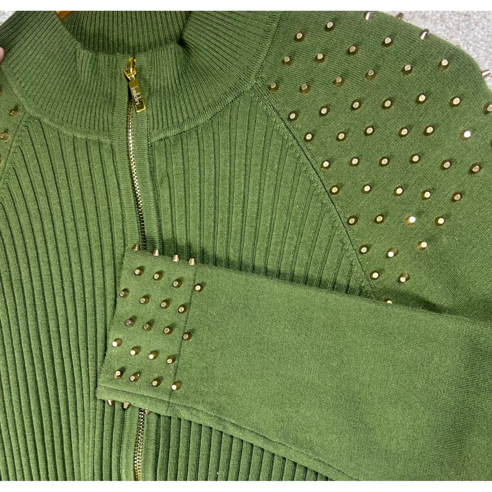 Y2K Womens XL Olive Green Studded Full Zip Ribbed Cardigan Sweater Dark Academia